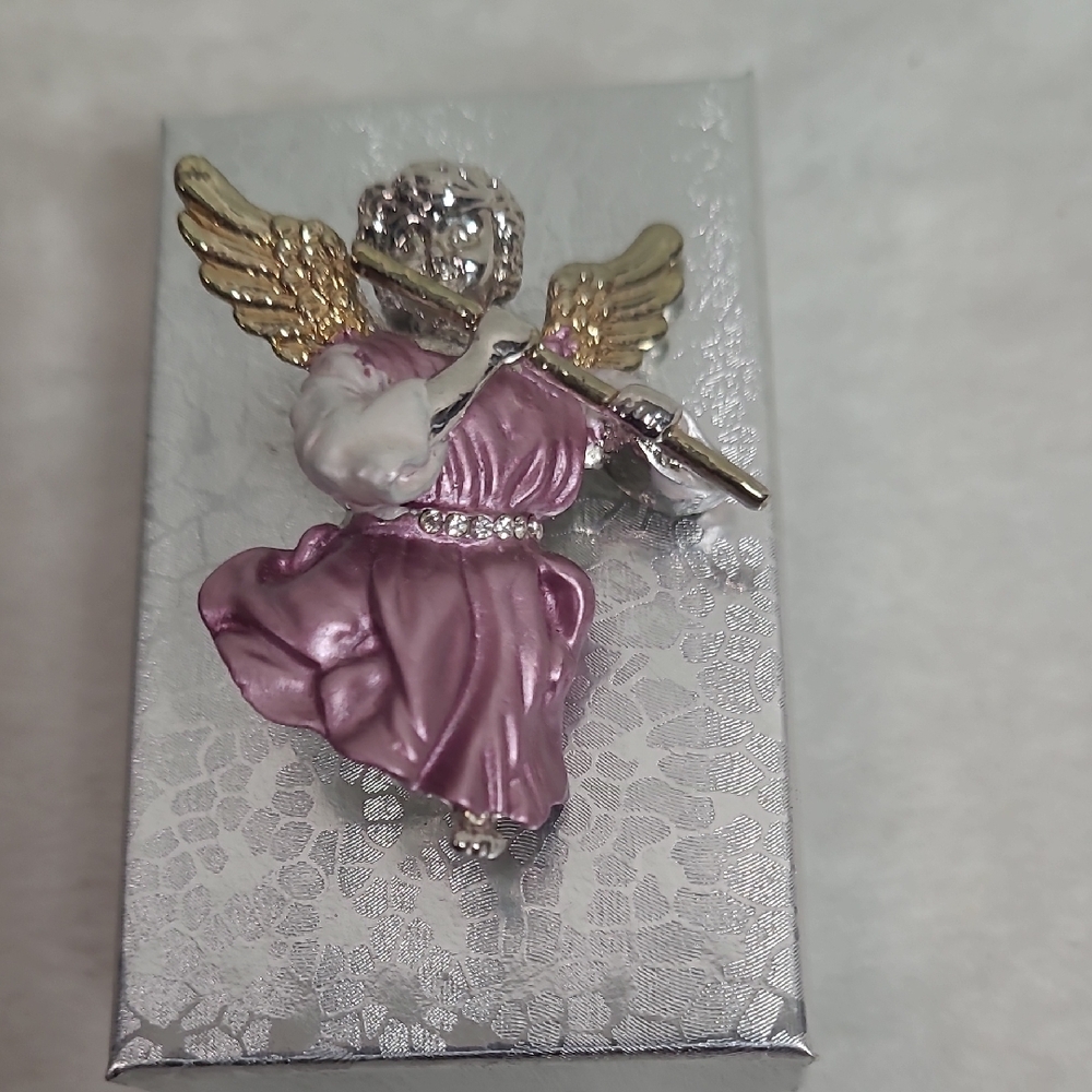 Elegant Pink Angel Brooch with Gold Accents